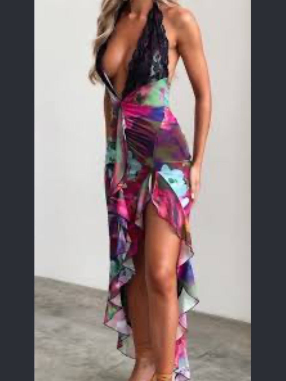 Floral Halter High-Low Maxi Dress in Multicolor